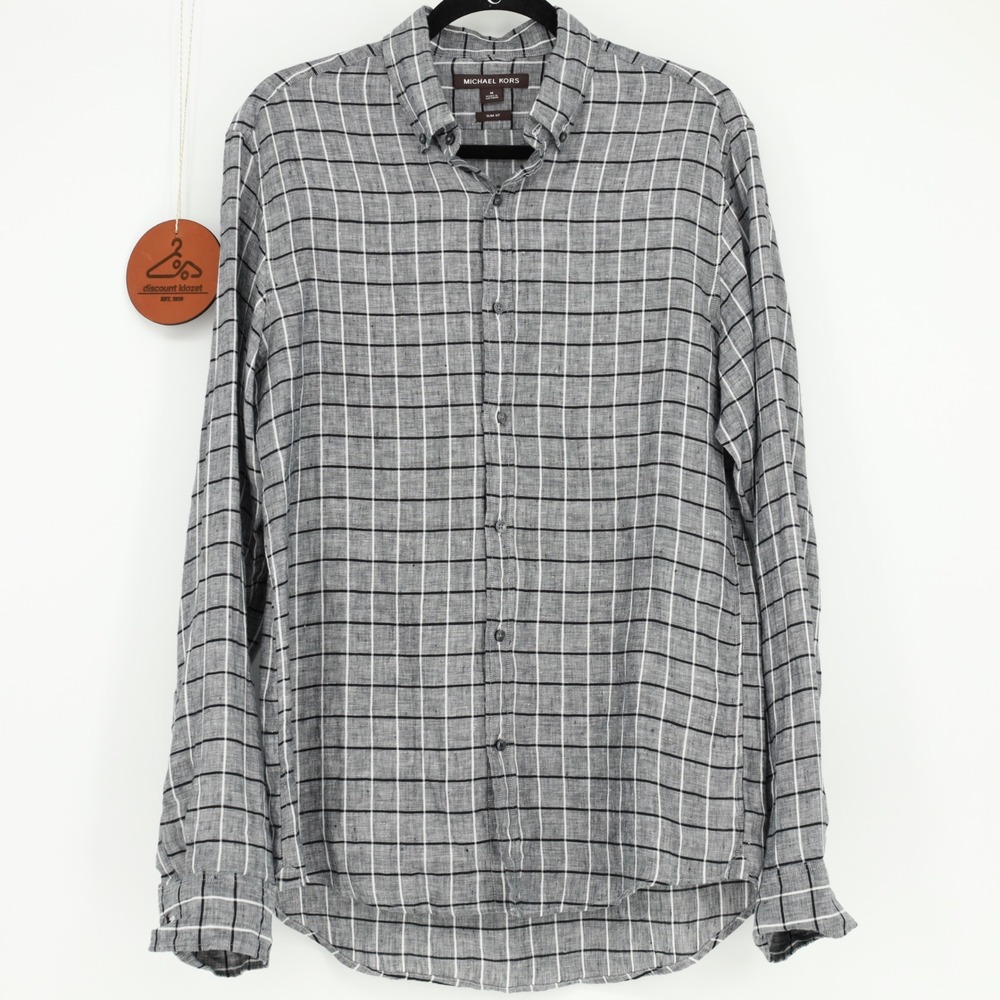 Michael Kors Button Down Shirt Windowpane 100% Linen Slim Fit Medium Long Sleeve